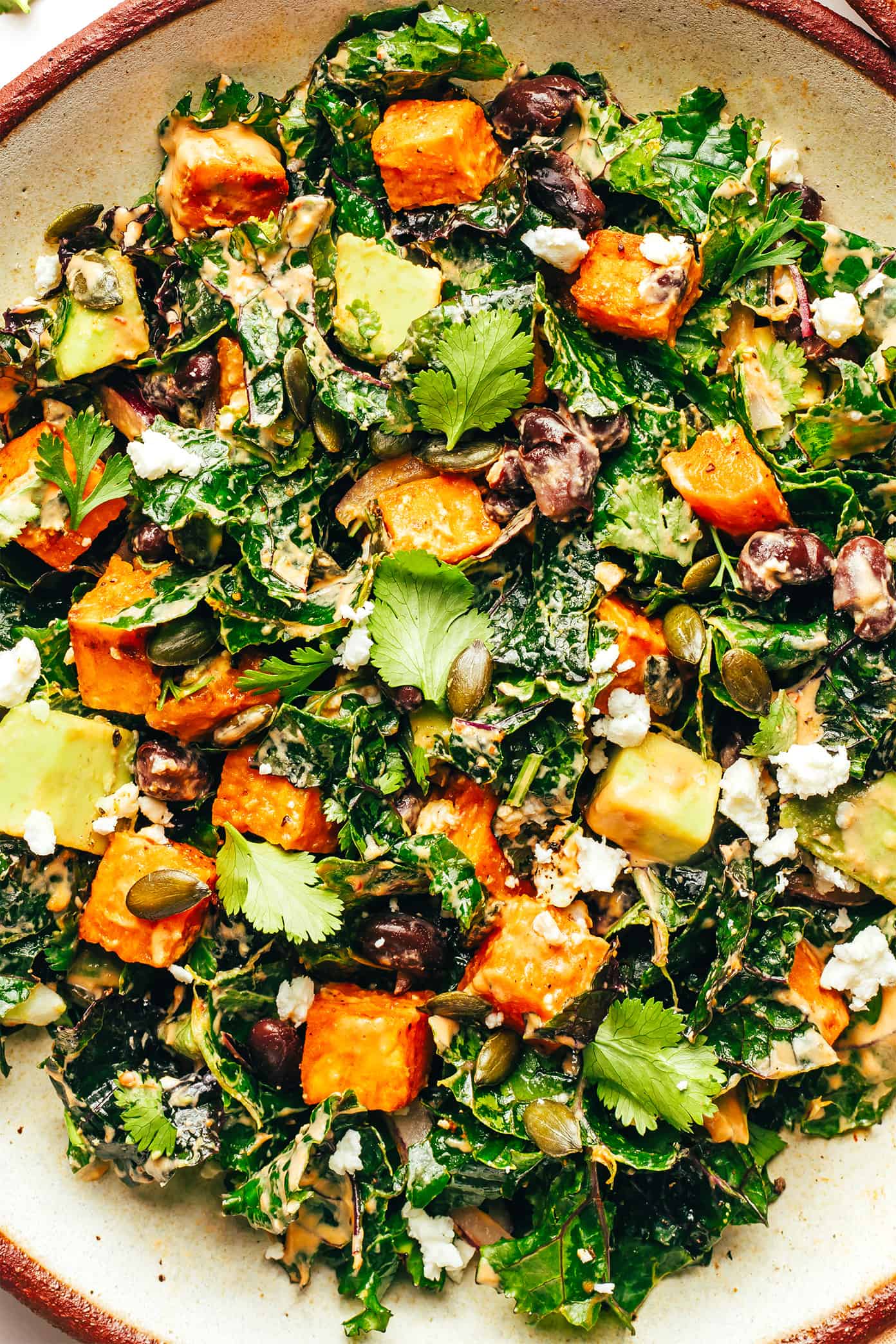 Roasted sweet potato kale salad in bowl with avocado, pepitas and chipotle tahini dressing