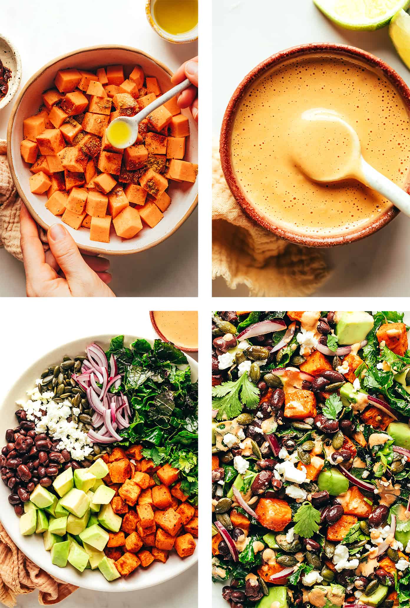 Step by step photos showing how to make sweet potato avocado kale salad with chipotle tahini dressing