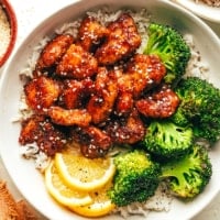 Sticky Honey Lemon Chicken with Roasted Broccoli and Rice