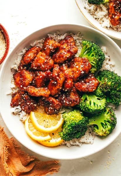 Sticky Honey Lemon Chicken with Roasted Broccoli and Rice