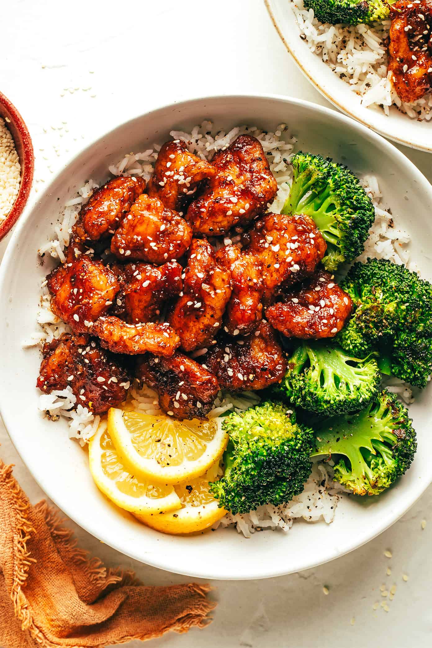 Sticky honey lemon chicken with rice and roasted broccoli