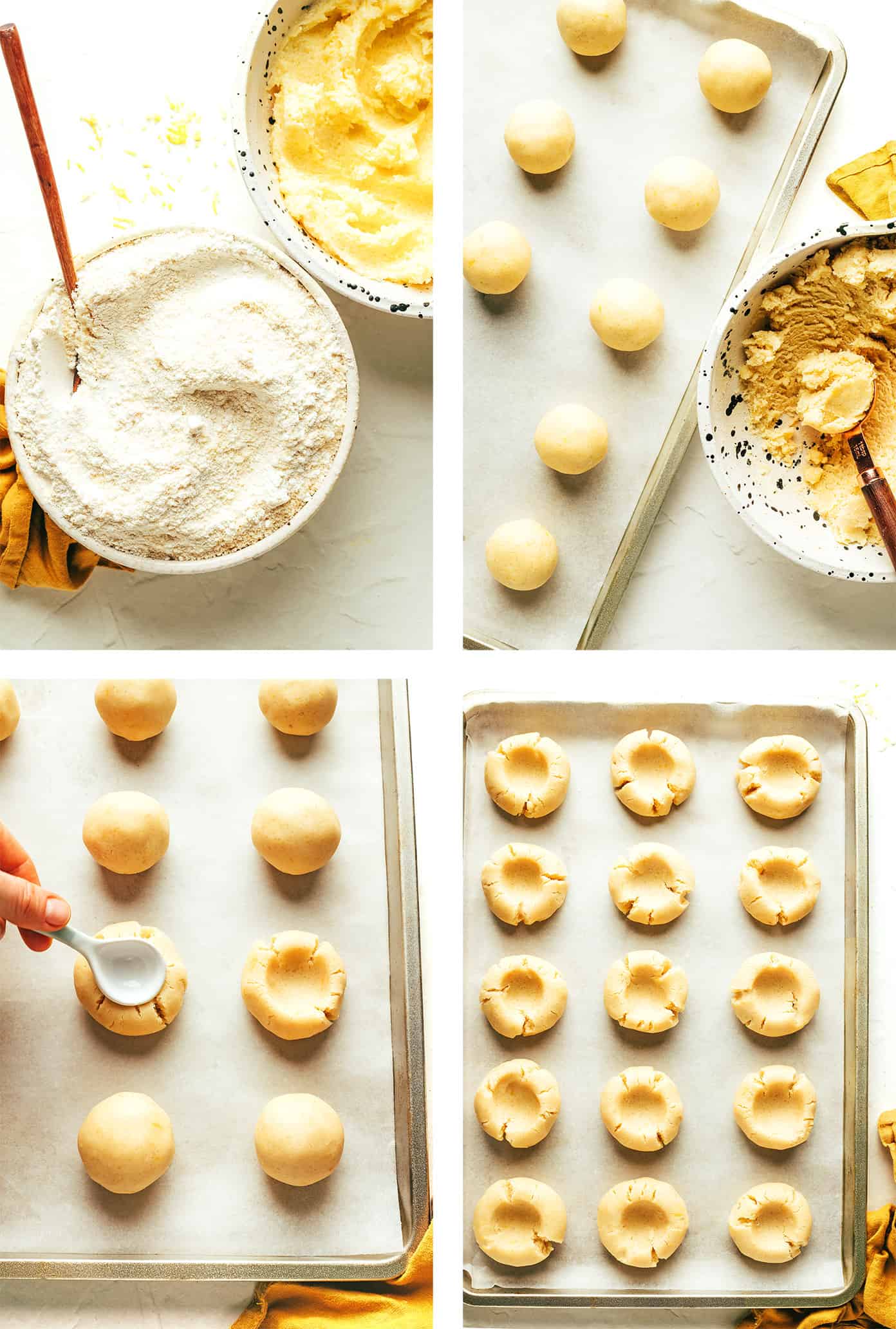 Step by step photos showing how to make thumbprint cookies