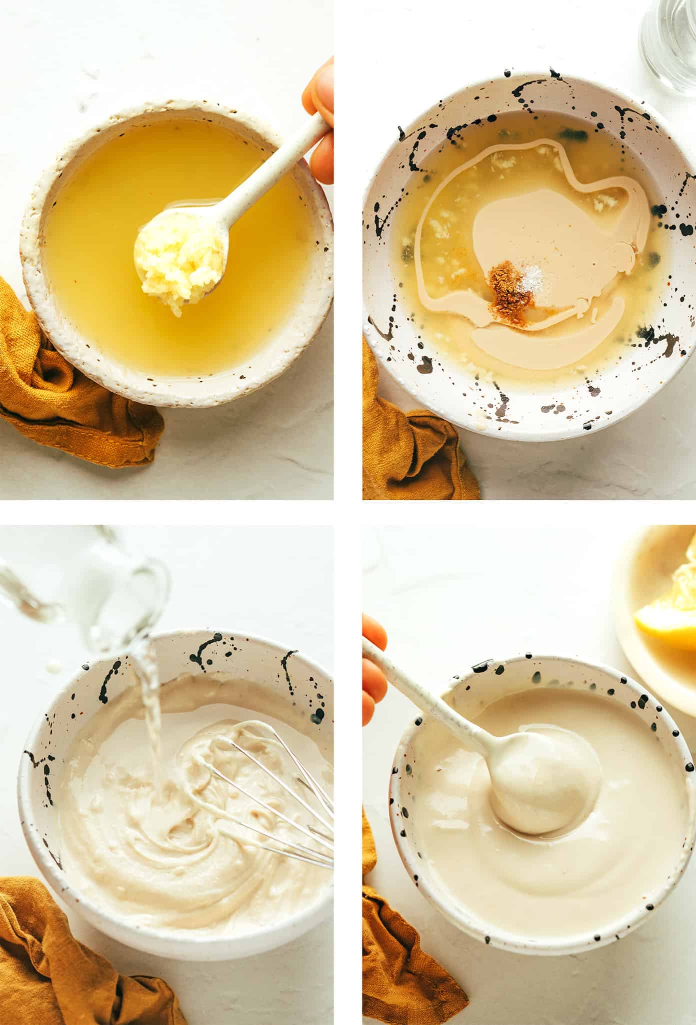 Step by step photos showing how to make tahini sauce