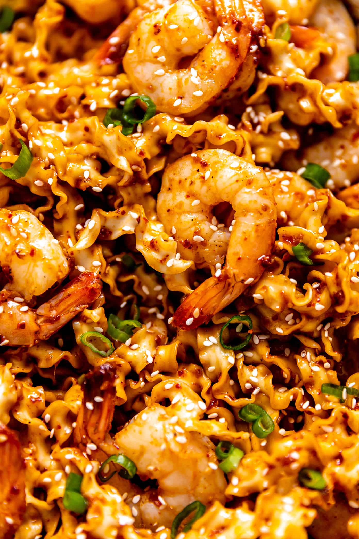 Garlic Chili Oil Noodles with Shrimp Closeup