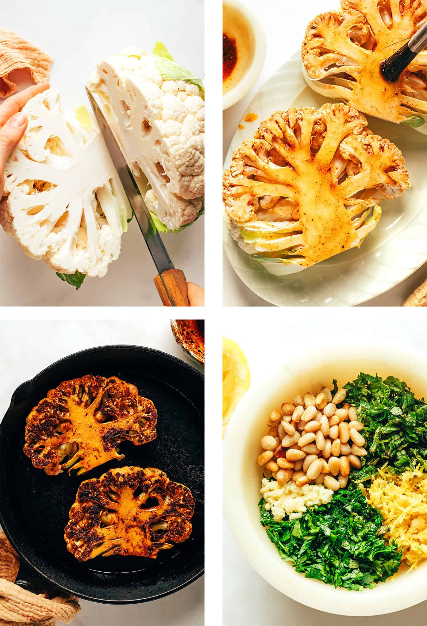 Step by step photos showing how to make cauliflower steaks and gremolata ingredients
