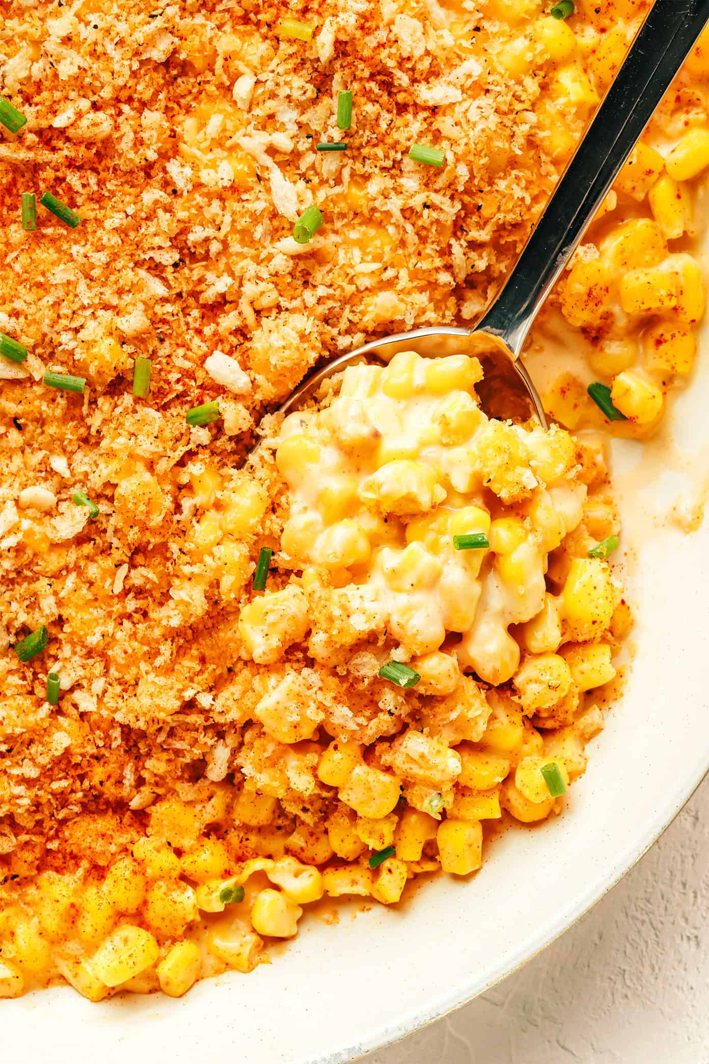 Parmesan Creamed Corn Closeup with Garlic Breadcrumbs