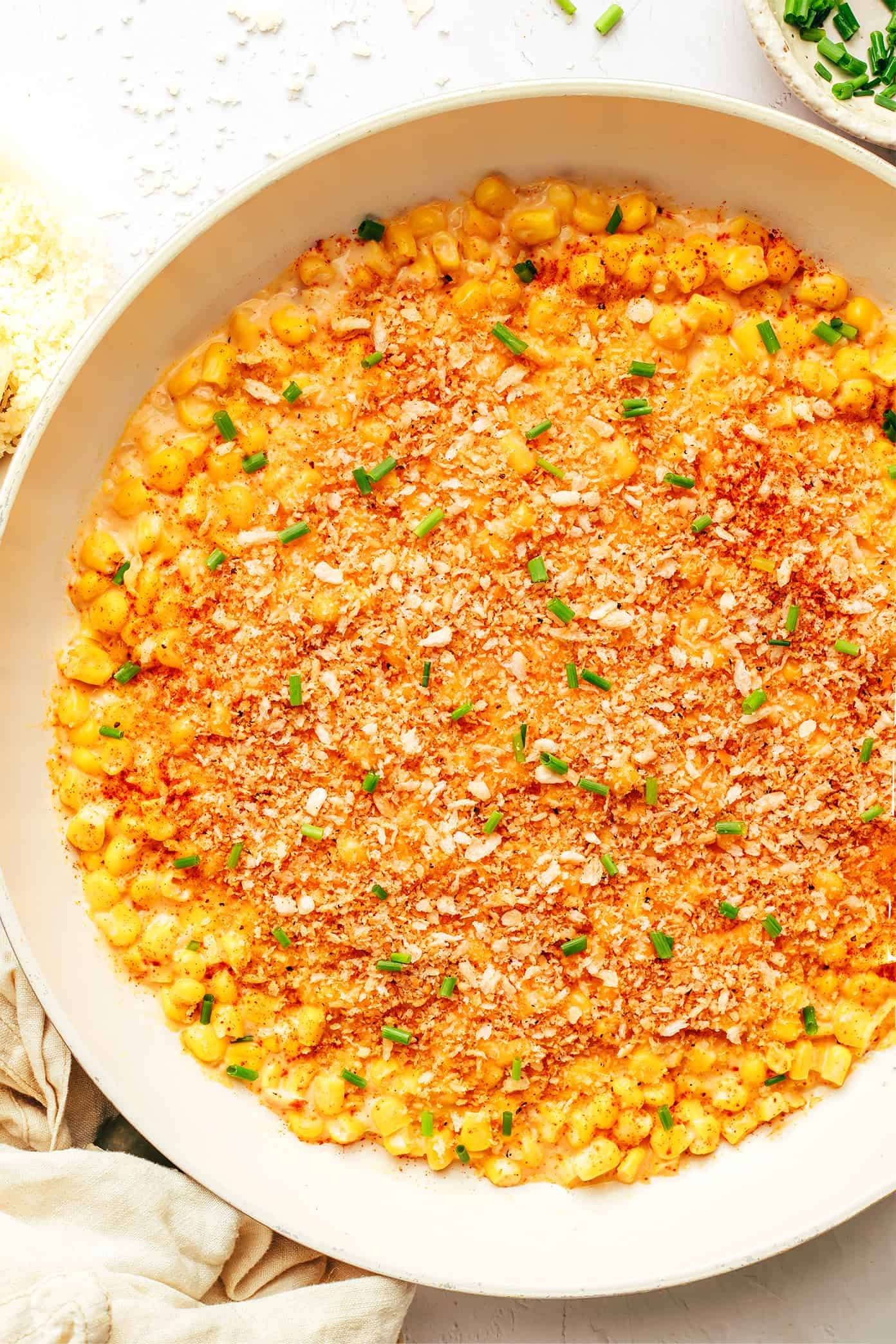 Parmesan Creamed Corn with Garlicky Breadcrumbs in Pan