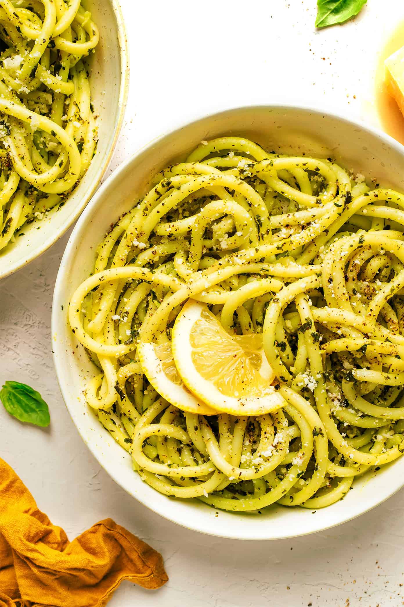 Lemon basil butter pasta in bowl