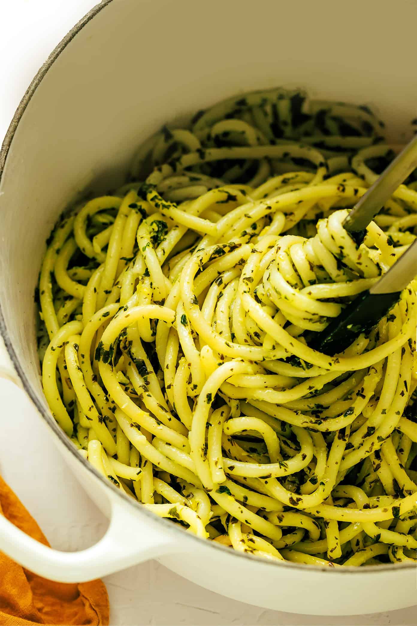 Tossing pasta with basil butter
