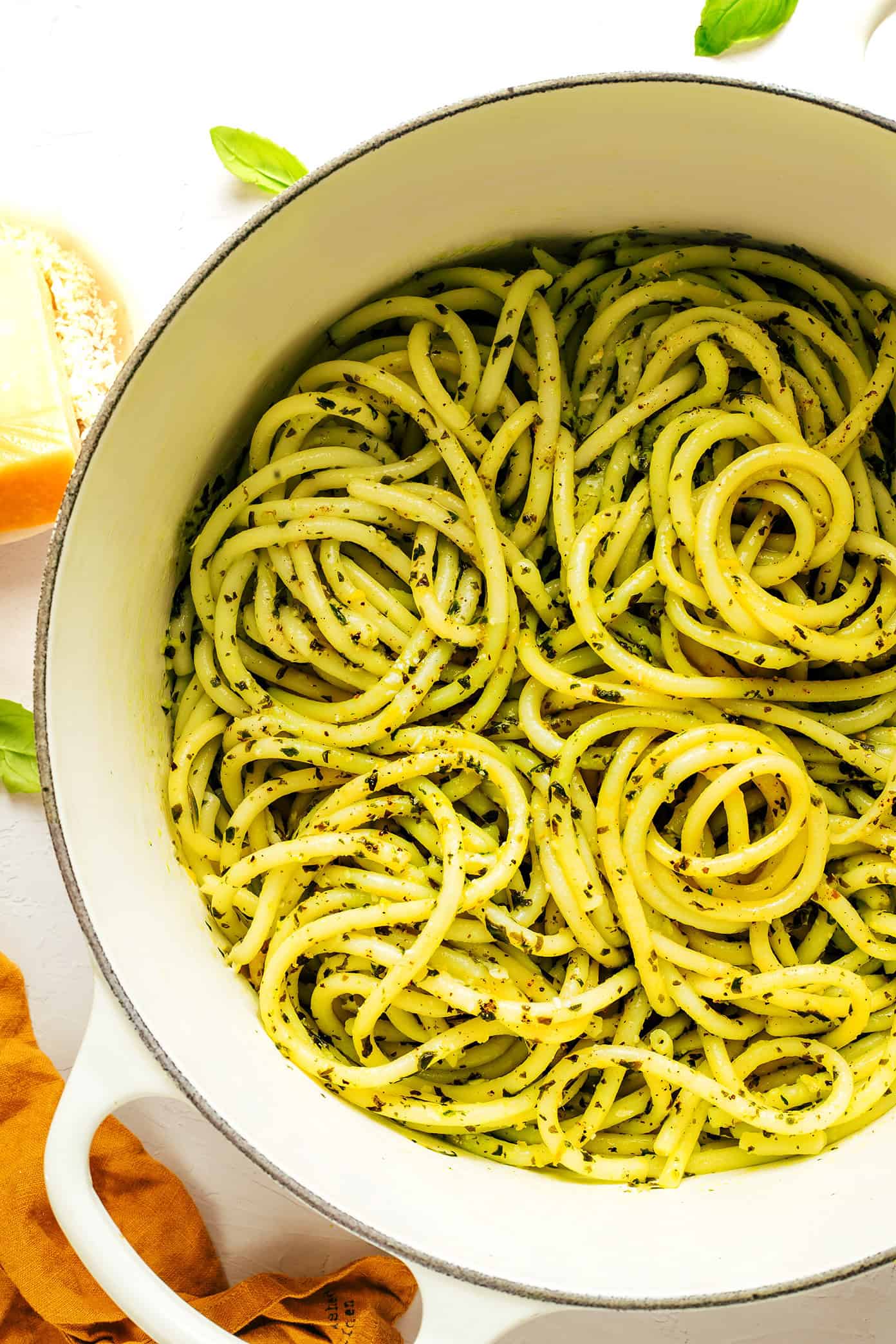 Lemon basil butter pasta in pot made with bucatini