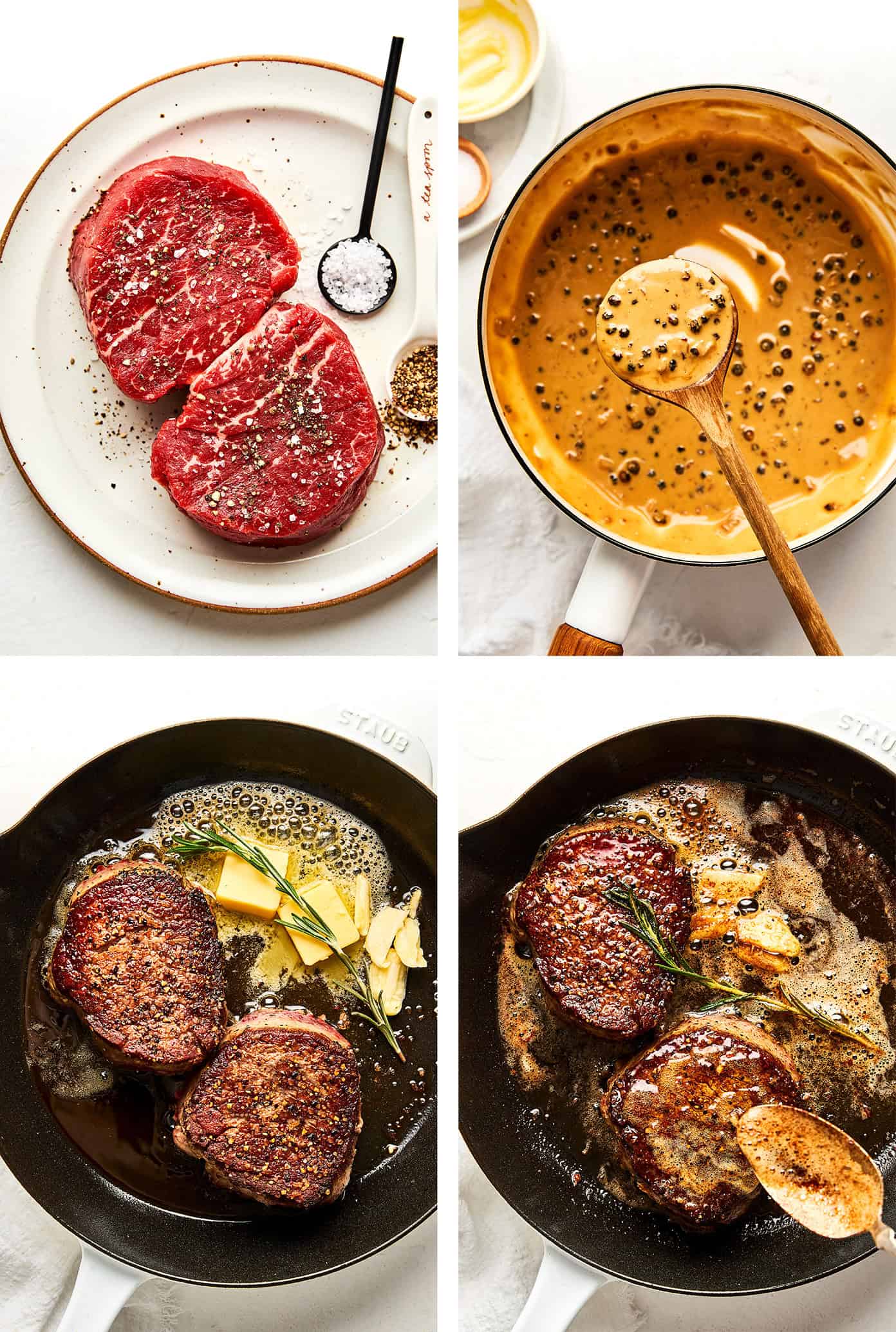 step by step photos showing how to make pan-seared filet mignon with peppercorn sauce