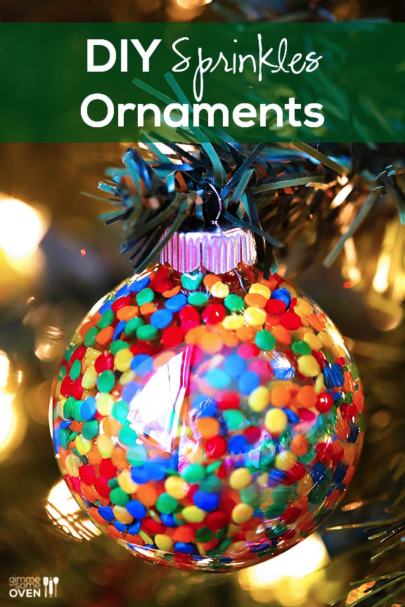 These DIY Sprinkles Ornaments are easy to make and customize with your favorite colors of sprinkles. The perfect homemade decor for your Christmas tree this year! | Gimme Some Oven