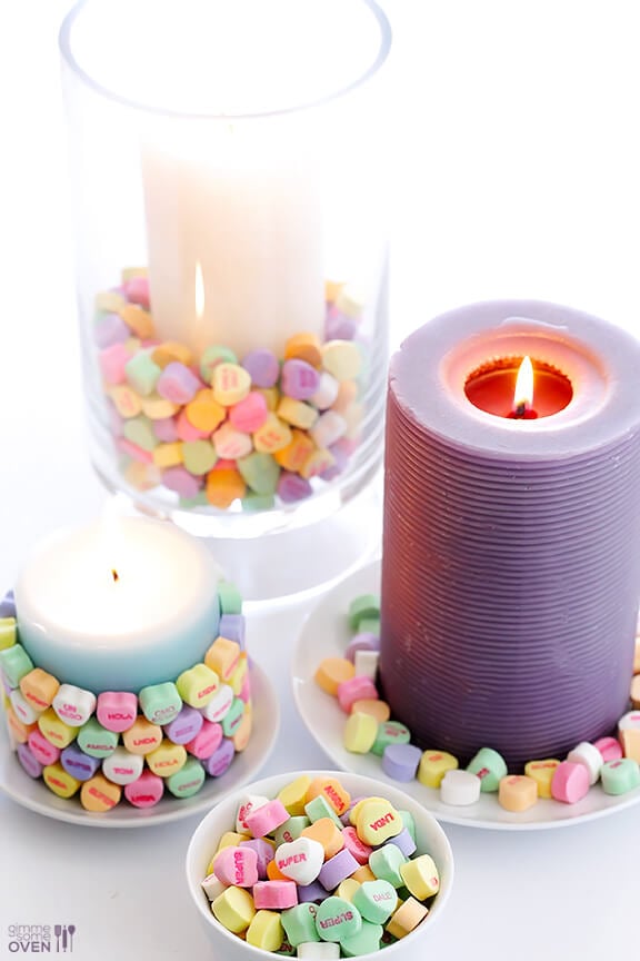 5-Minute DIY Conversation Heart Candles | gimmesomeoven.com/style