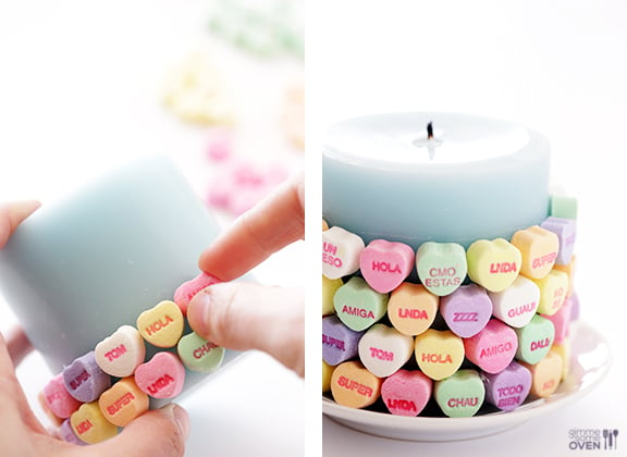 5-Minute DIY Conversation Heart Candles | gimmesomeoven.com/style